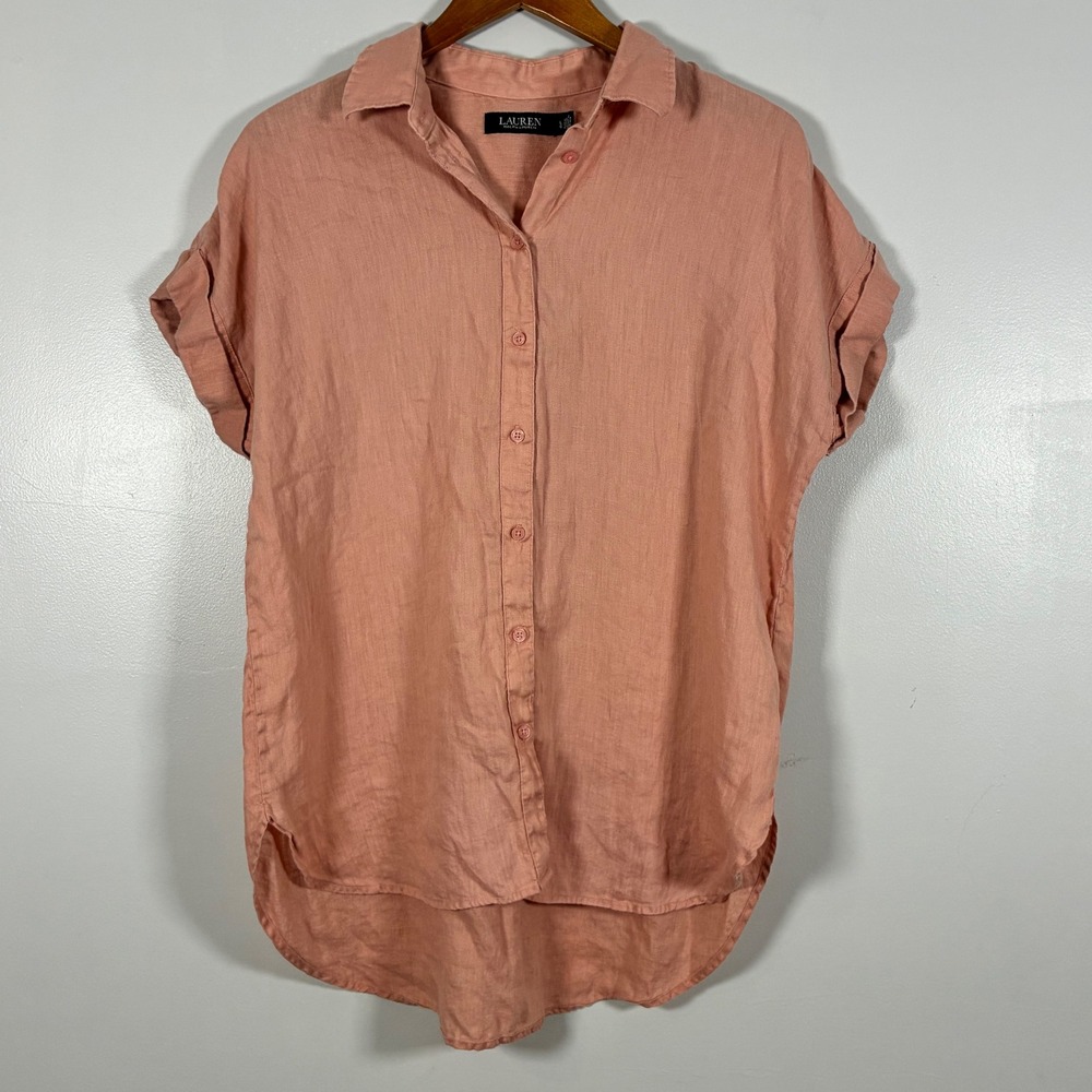 Lauren Ralph Lauren Shirt L Pink Linen Button Down Coastal Preppy Vaca Travel